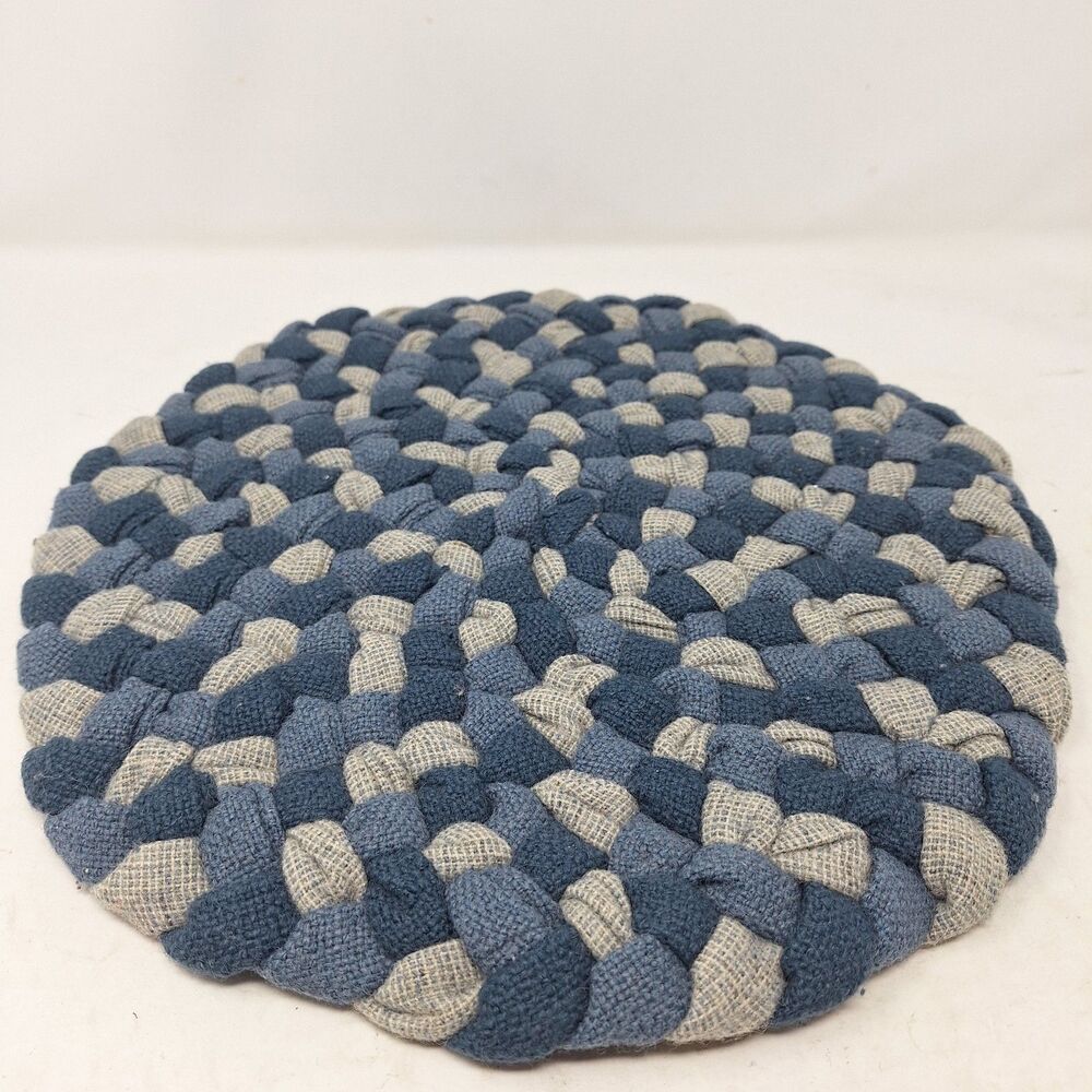 Handmade Braided Chair Pad Cushion Blue Grey Woven 16" Round Seat Cover Cottage
